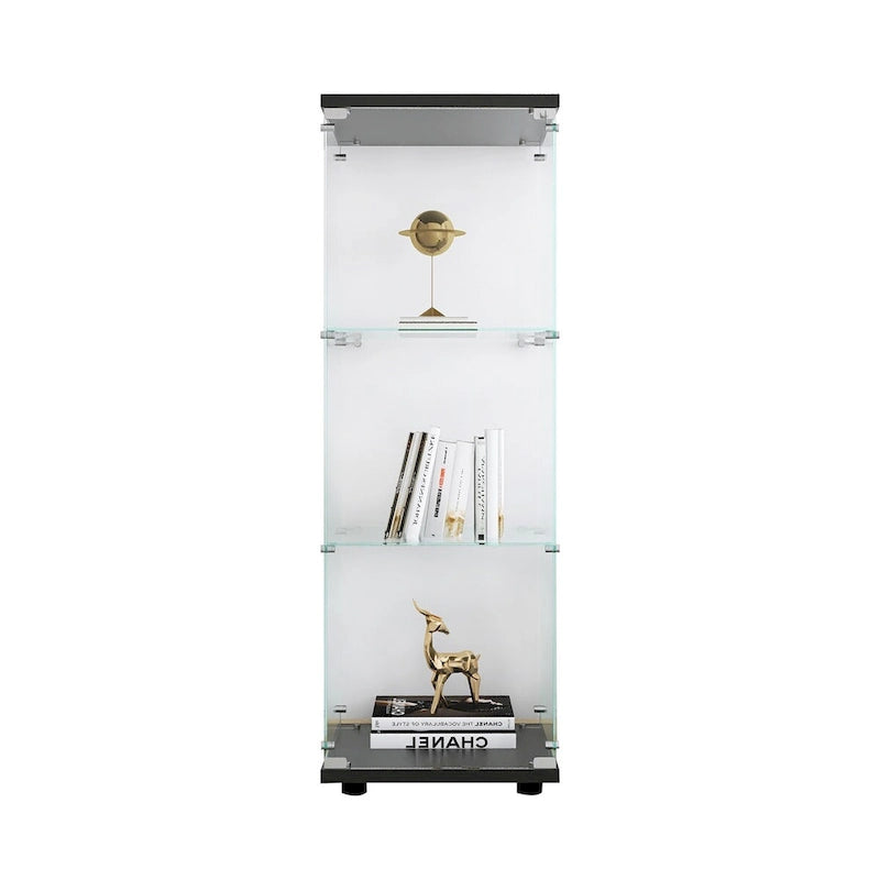 Vitrine en verre avec 3 étagères, vitrine à porte unique, bibliothèque en verre noire sur pied, installation rapide