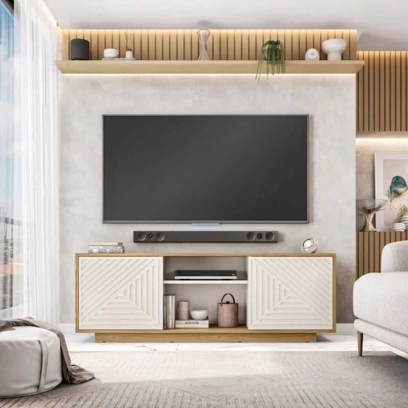 63-Inch TV Stand Fits TVs up to 70-Inch Geometric Relief Doors Center Open Shelves Cable Management Black