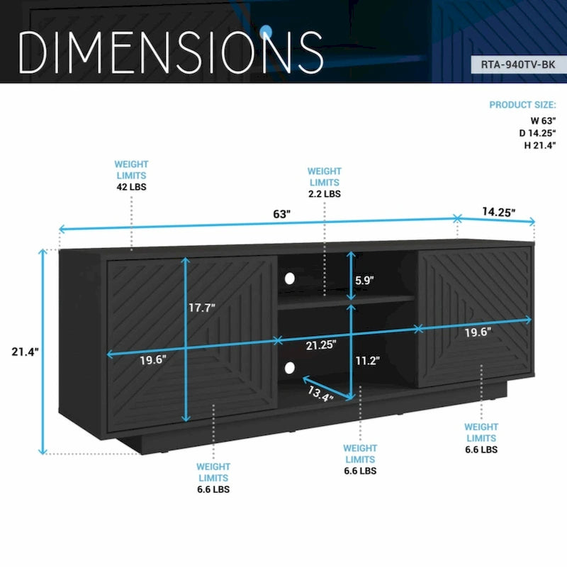 63-Inch TV Stand Fits TVs up to 70-Inch Geometric Relief Doors Center Open Shelves Cable Management Black