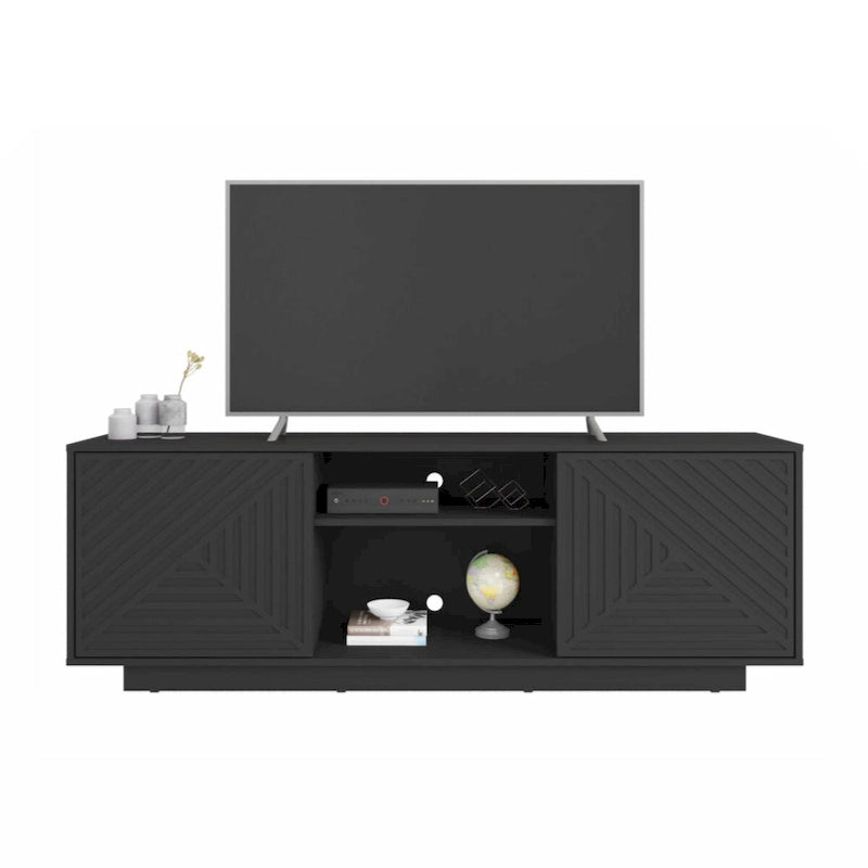 63-Inch TV Stand Fits TVs up to 70-Inch Geometric Relief Doors Center Open Shelves Cable Management Black