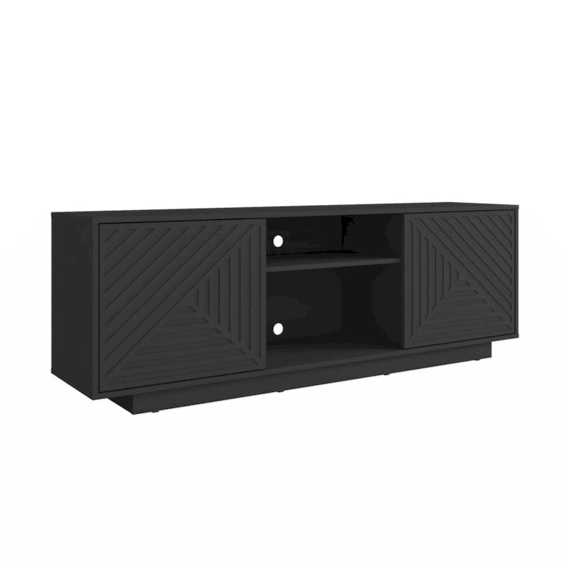 63-Inch TV Stand Fits TVs up to 70-Inch Geometric Relief Doors Center Open Shelves Cable Management Black
