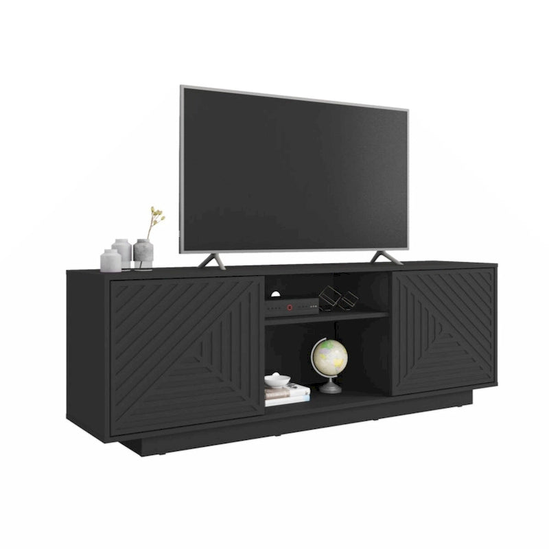 63-Inch TV Stand Fits TVs up to 70-Inch Geometric Relief Doors Center Open Shelves Cable Management Black