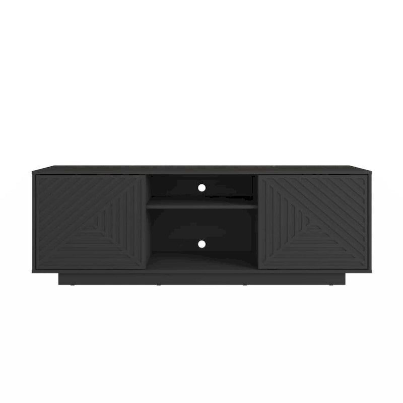63-Inch TV Stand Fits TVs up to 70-Inch Geometric Relief Doors Center Open Shelves Cable Management Black