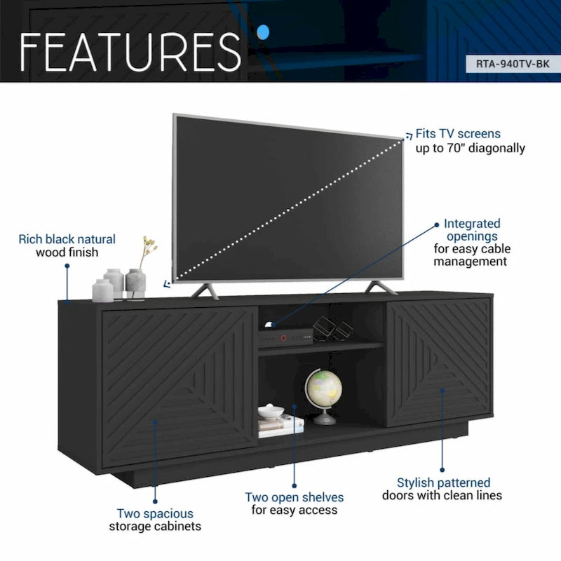 63-Inch TV Stand Fits TVs up to 70-Inch Geometric Relief Doors Center Open Shelves Cable Management Black