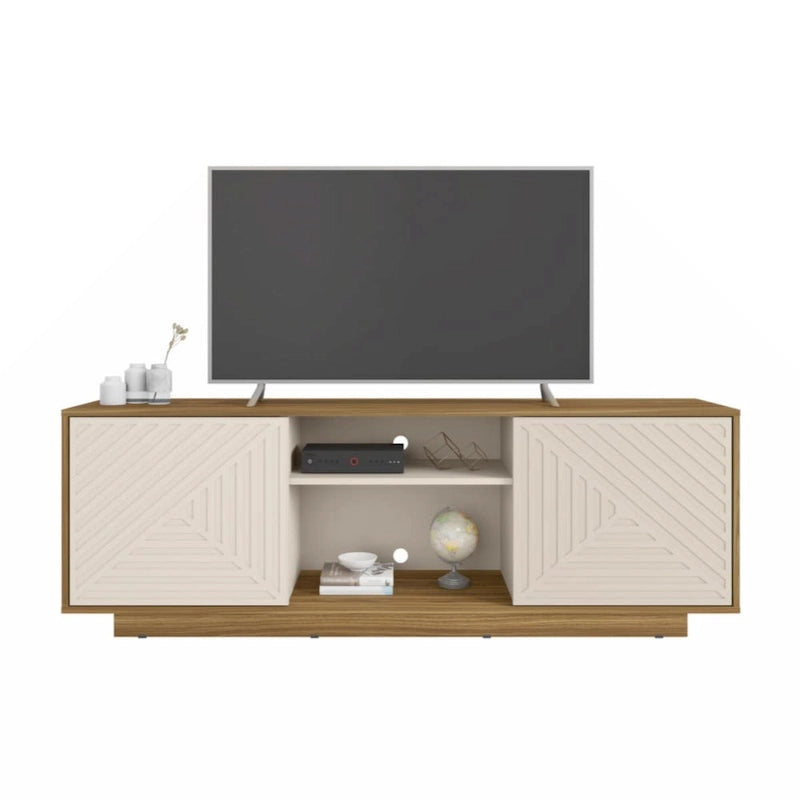63-Inch TV Stand Fits TVs up to 70-Inch Geometric Relief Doors Center Open Shelves Cable Management Black
