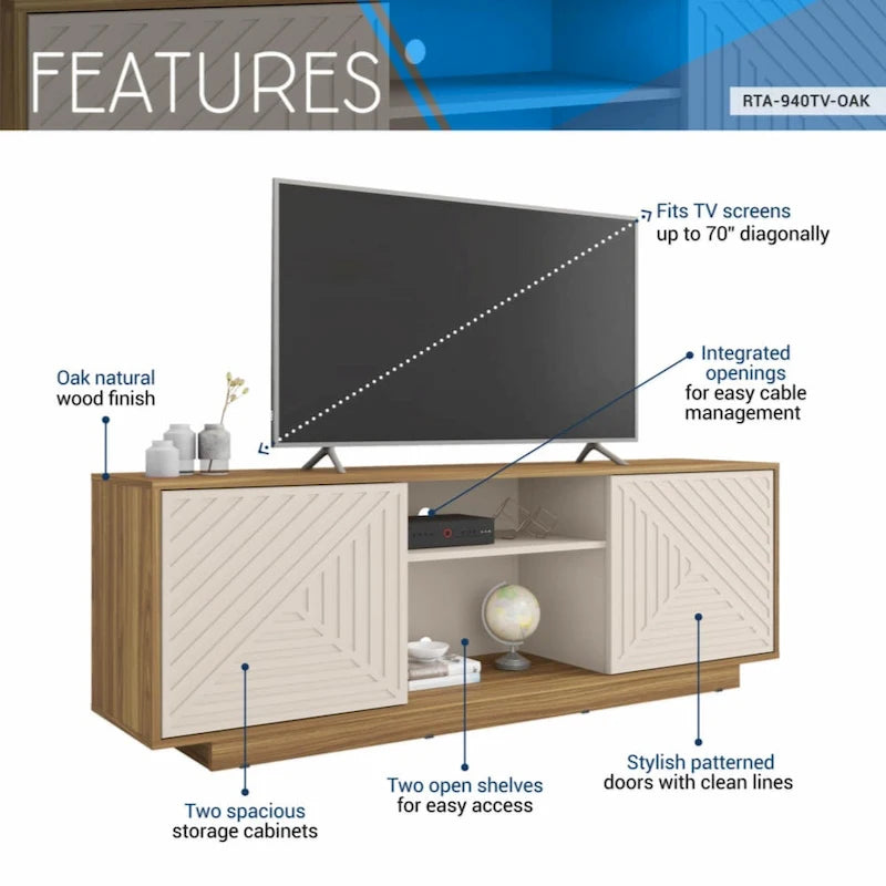 63-Inch TV Stand Fits TVs up to 70-Inch Geometric Relief Doors Center Open Shelves Cable Management Black