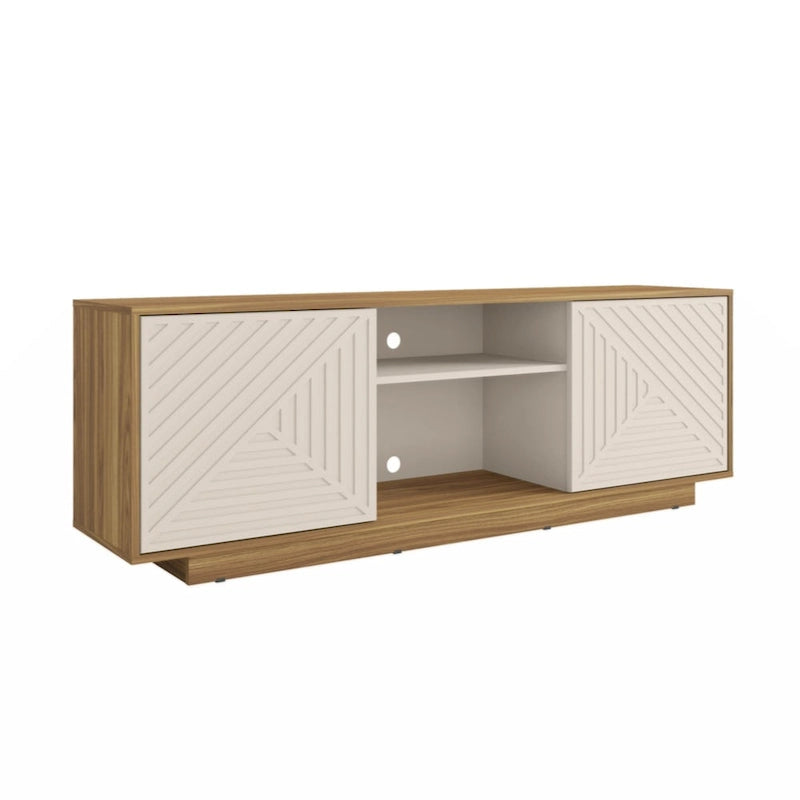 63-Inch TV Stand Fits TVs up to 70-Inch Geometric Relief Doors Center Open Shelves Cable Management Black