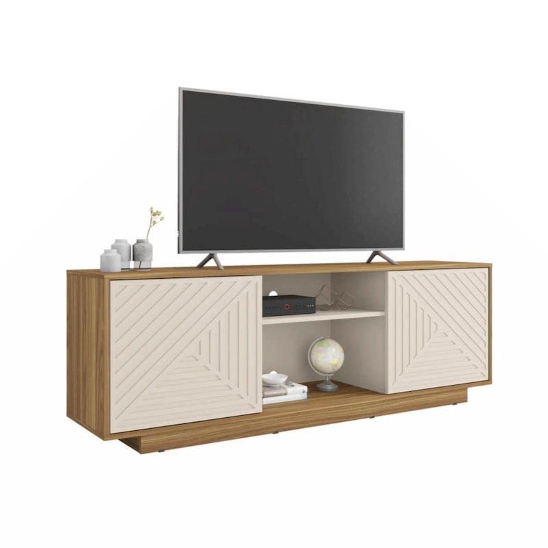 63-Inch TV Stand Fits TVs up to 70-Inch Geometric Relief Doors Center Open Shelves Cable Management Black