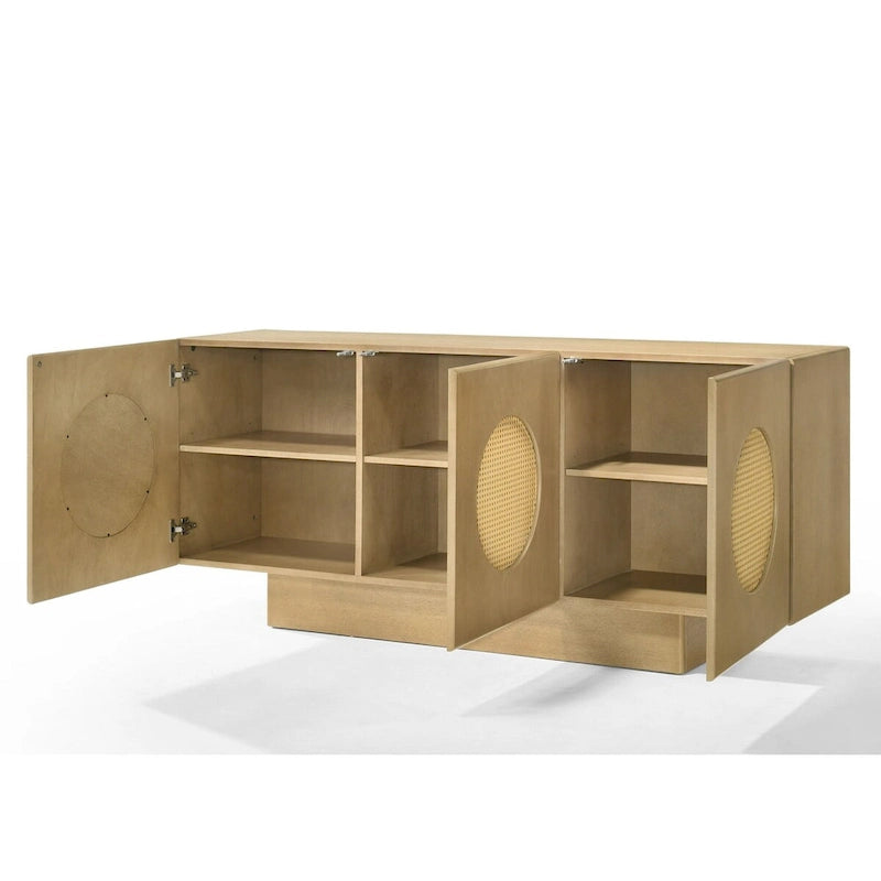 3-Door Buffet Sideboard Round Rattan Circle Panel Doors White Oak Veneer Plinth Base Natural 70-Inch