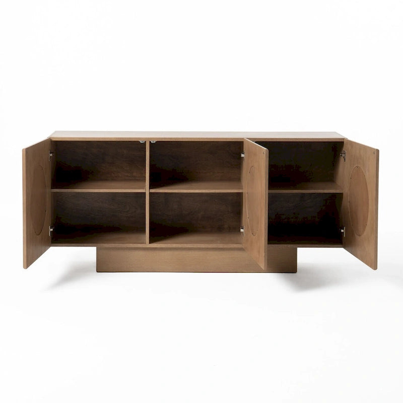 3-Door Buffet Sideboard Round Rattan Circle Panel Doors White Oak Veneer Plinth Base Natural 70-Inch