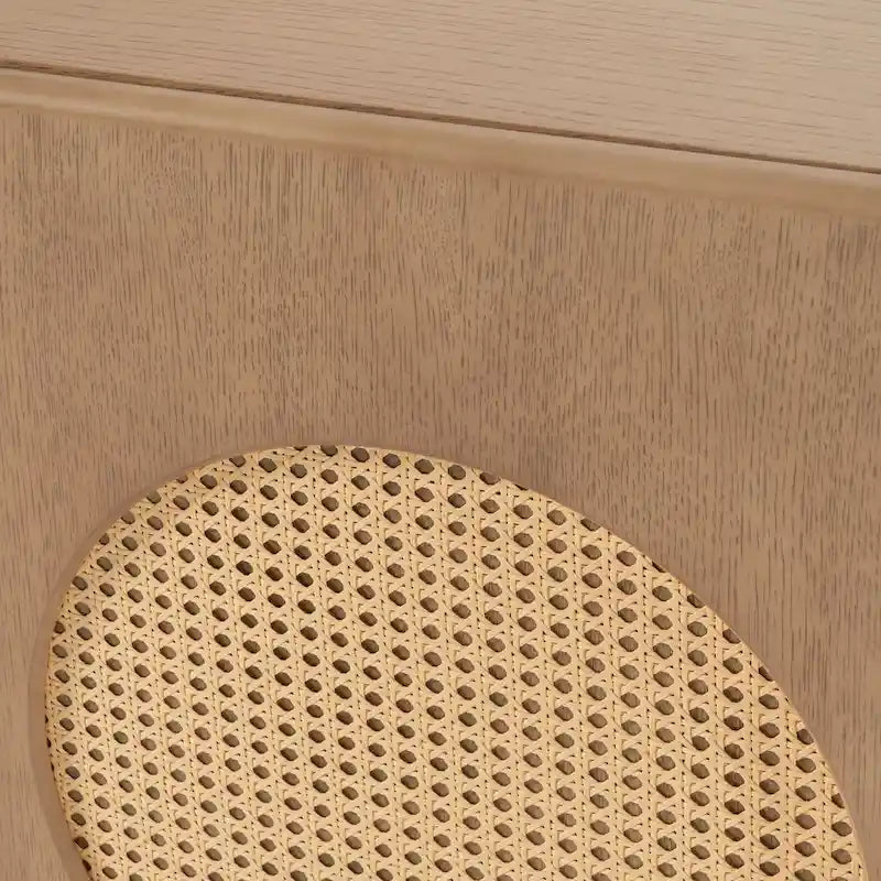 3-Door Buffet Sideboard Round Rattan Circle Panel Doors White Oak Veneer Plinth Base Natural 70-Inch