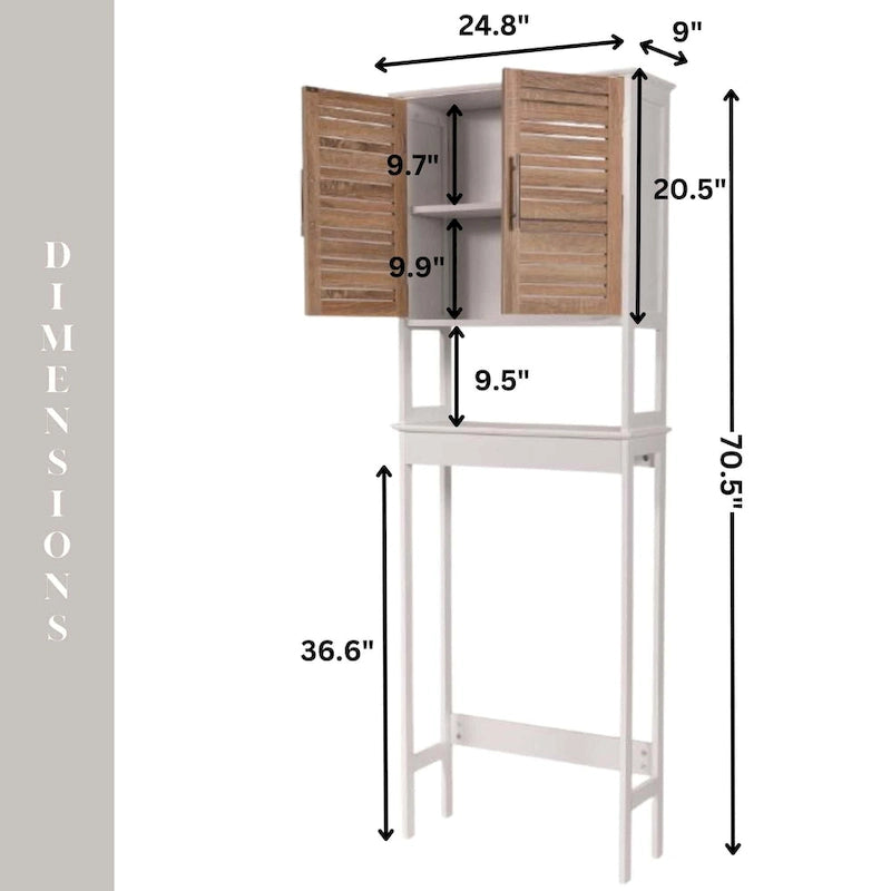 Over-Toilet Storage Cabinet Louvered Doors Open Shelf Freestanding White Oak