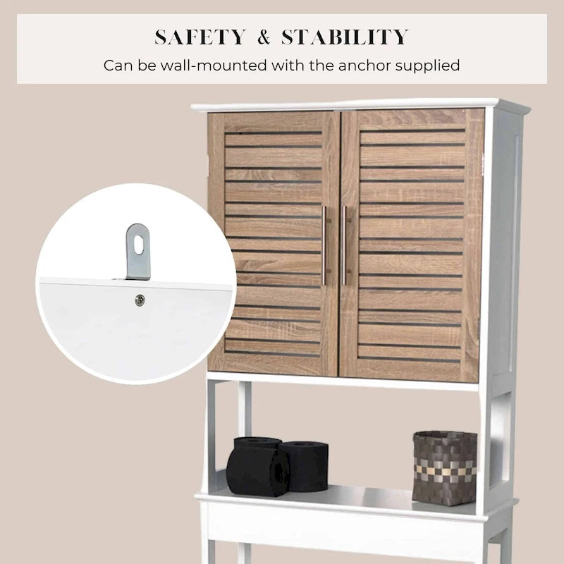 Over-Toilet Storage Cabinet Louvered Doors Open Shelf Freestanding White Oak