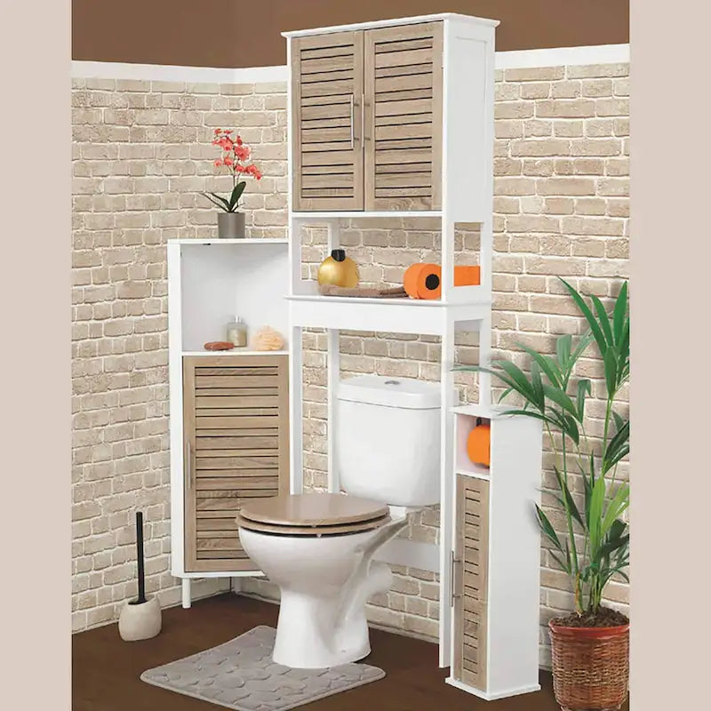 Over-Toilet Storage Cabinet Louvered Doors Open Shelf Freestanding White Oak