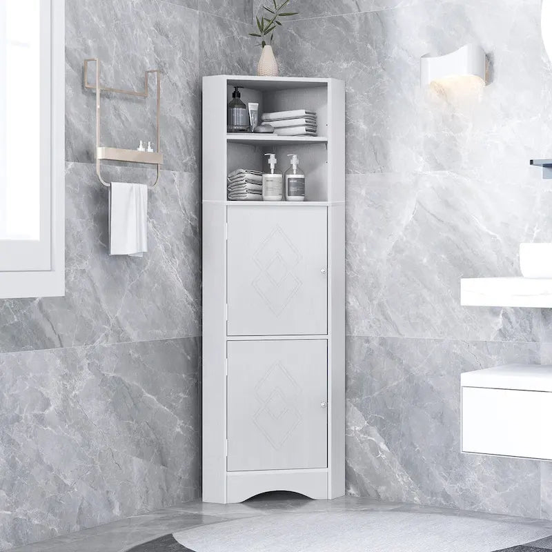 Tall Corner Storage Cabinet Open Shelves Double Door White Wood Grain