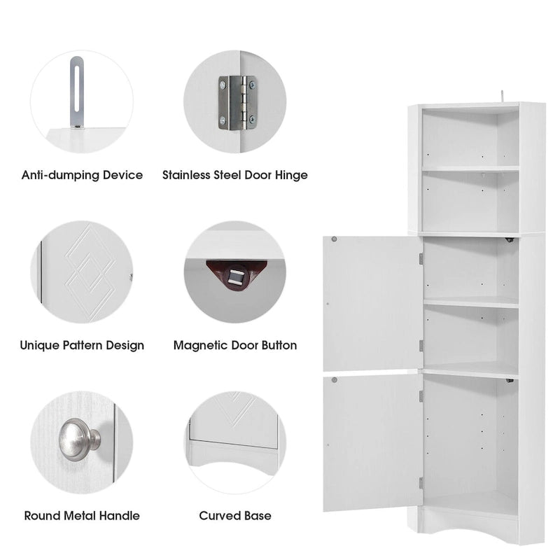 Tall Corner Storage Cabinet Open Shelves Double Door White Wood Grain