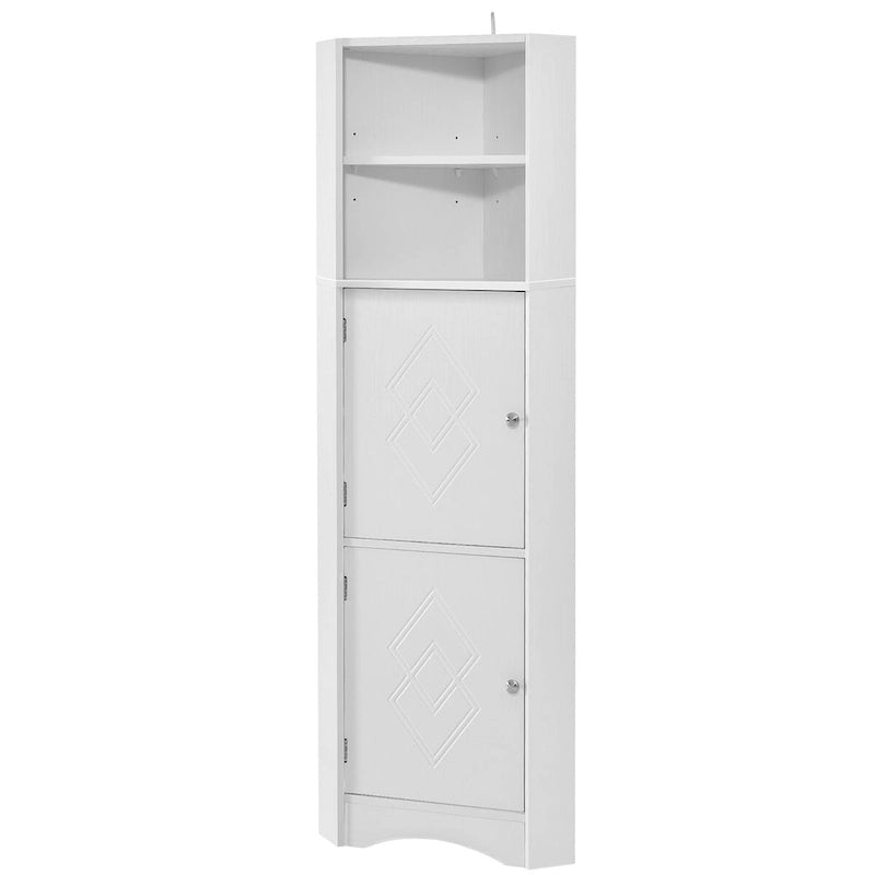Tall Corner Storage Cabinet Open Shelves Double Door White Wood Grain