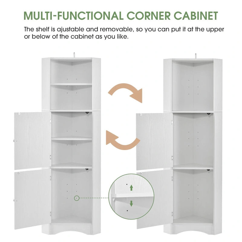 Tall Corner Storage Cabinet Open Shelves Double Door White Wood Grain