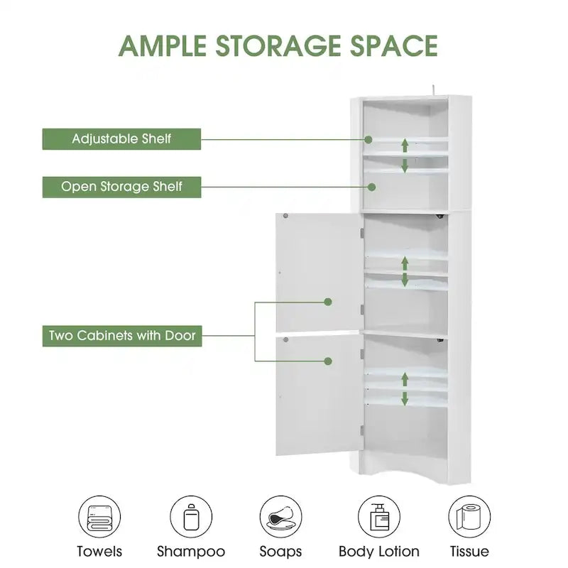 Tall Corner Storage Cabinet Open Shelves Double Door White Wood Grain