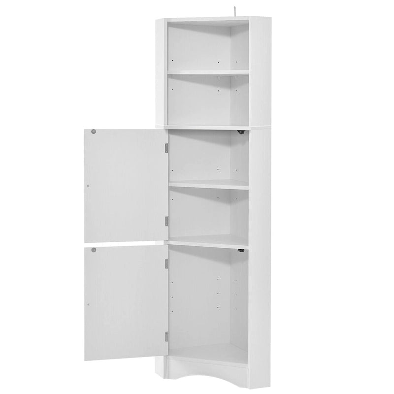 Tall Corner Storage Cabinet Open Shelves Double Door White Wood Grain