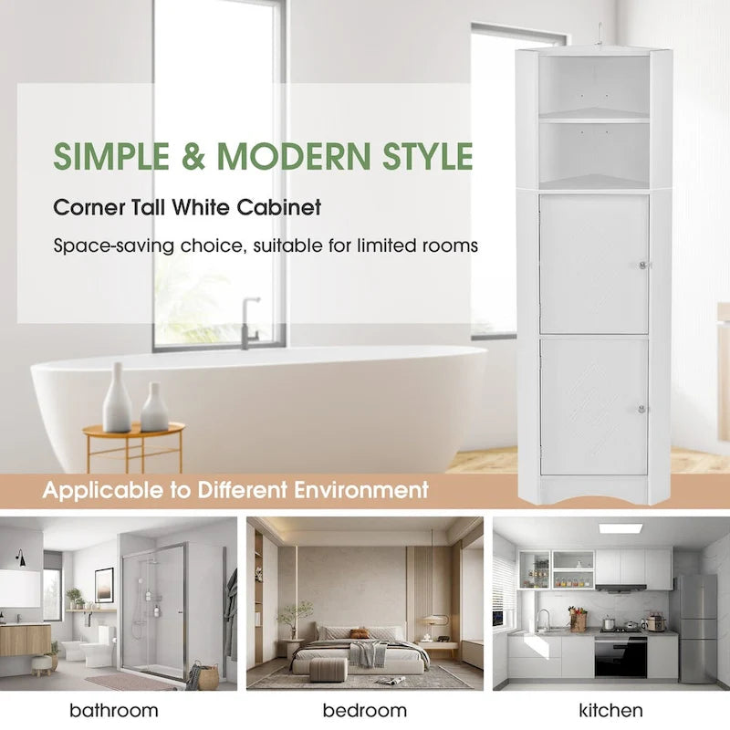 Tall Corner Storage Cabinet Open Shelves Double Door White Wood Grain
