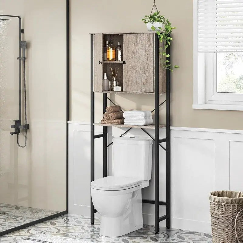 Over Toilet Storage Cabinet with Door Open Shelf Grey Wood Finish