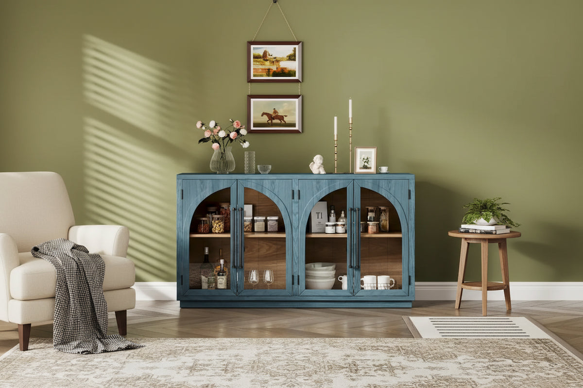 4-Door Large Storage Retro Sideboard with Metal Handles and Adjustable Shelves