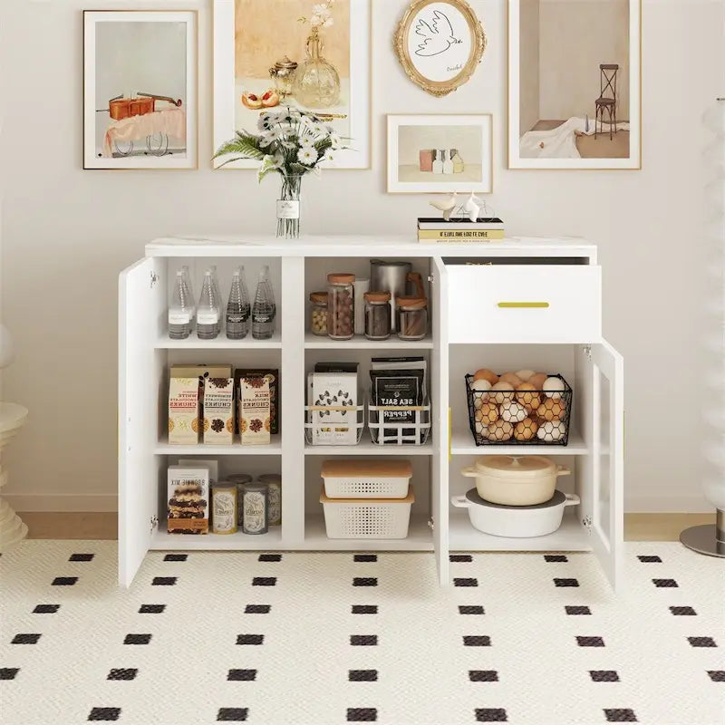 Modern Buffet Sideboard 2 Doors 1 Drawer Fluted Glass Door Gold Handles Anti-Tip White