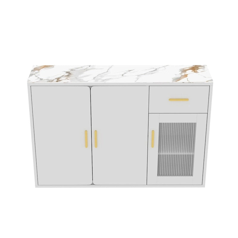 Modern Buffet Sideboard 2 Doors 1 Drawer Fluted Glass Door Gold Handles Anti-Tip White