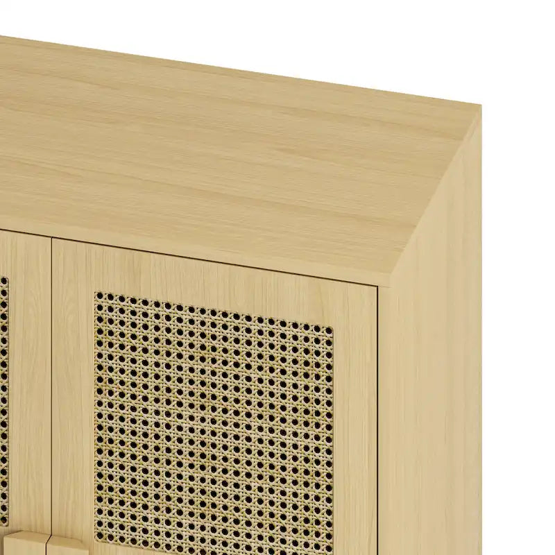 4-Door Rattan Mesh Cabinet Sideboard Adjustable Shelves Solid Wood Legs Natural