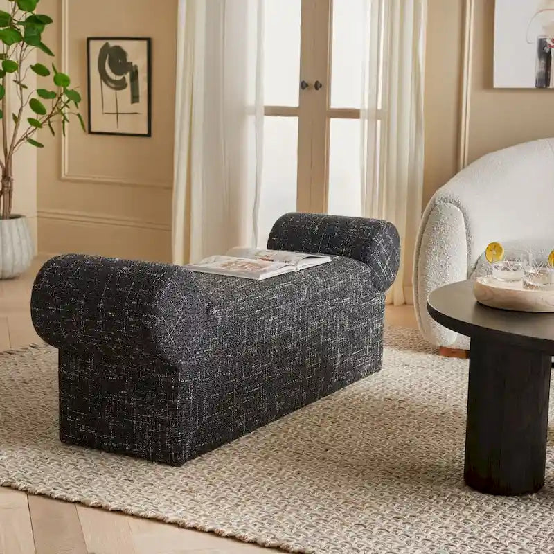 Gepolsterte Sitzbank mit 72 Zoll Breite, geschwungenen Armlehnen, grob strukturiertem Webstoff, für Schlafzimmer und Wohnzimmer, Schwarz-Weiß